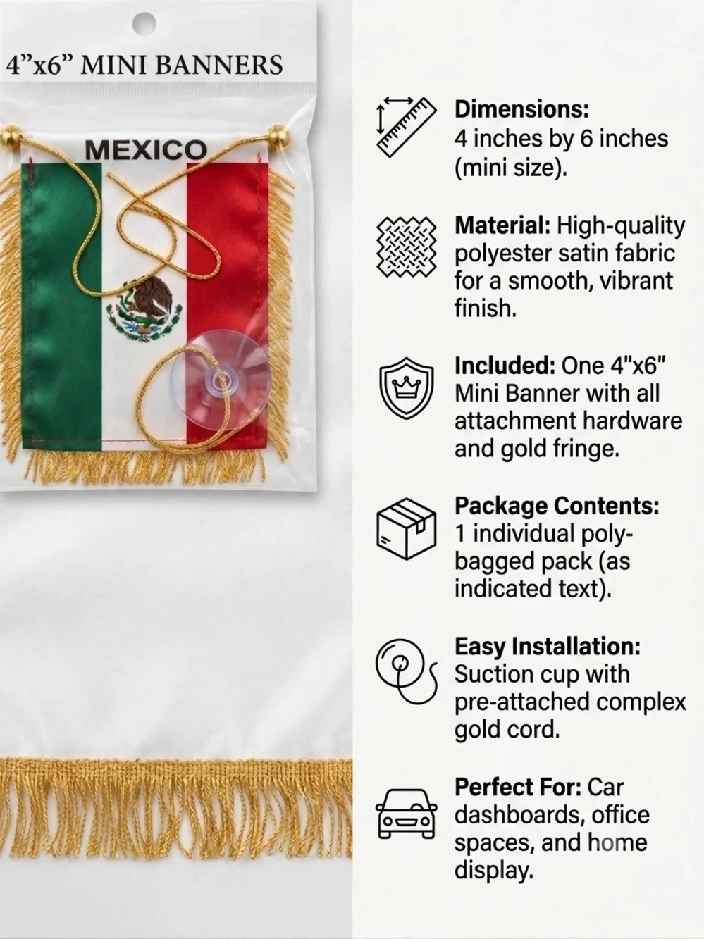 Mexico Mini Banner Car Flag with Gold Fringe - Pack of 2